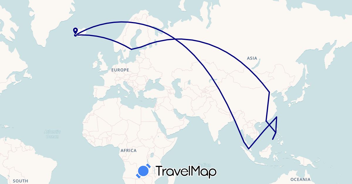 TravelMap itinerary: driving in China, Finland, Hong Kong, Iceland, Malaysia, Philippines, Sweden, Thailand, Taiwan (Asia, Europe)
